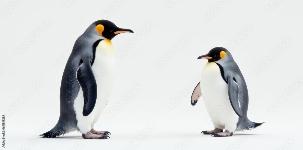 Obraz premium Two penguins, one slightly larger, facing different directions on a pure white backdrop , wildlife, black