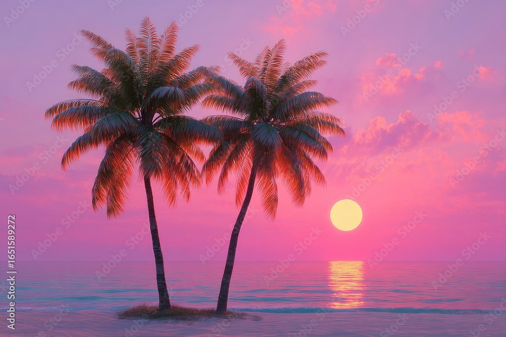Obraz premium Two palm trees on a beach at sunset. Vibrant pink and purple colors