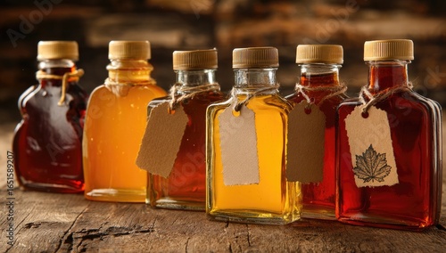 Six glass bottles of varying shades of maple syrup, with rustic twine and blank/leaf-embossed tags, sit on a weathered wooden surface against a blurred wood background