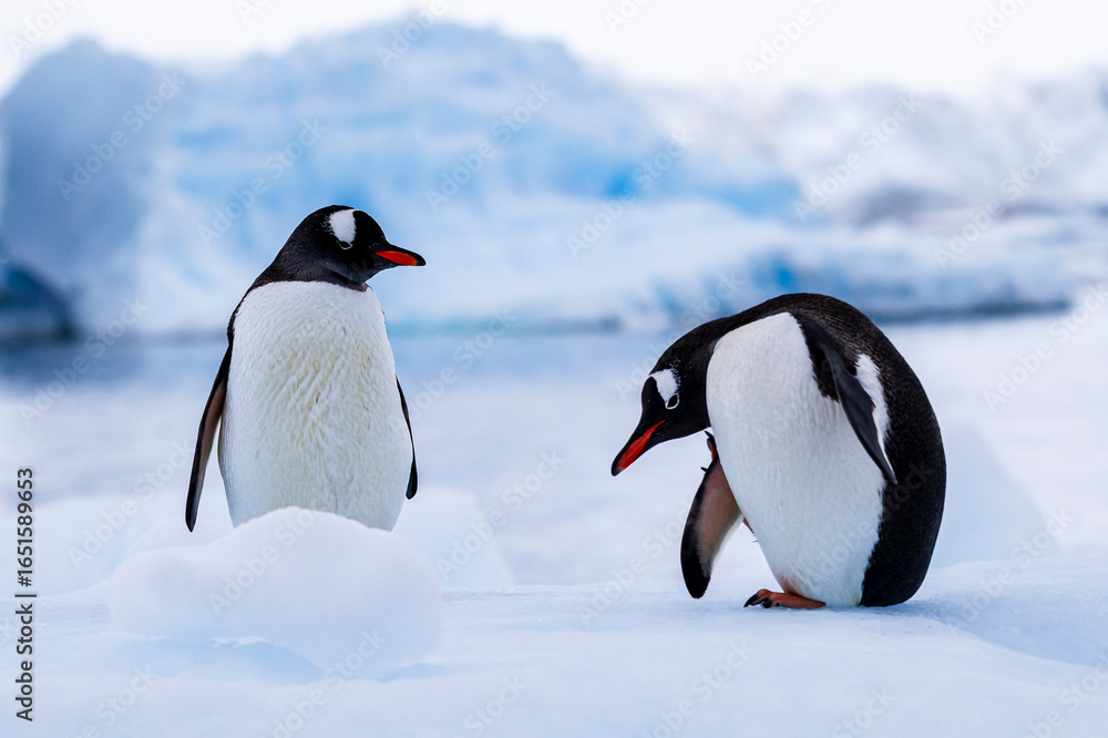 Fototapeta premium Gentoo penguin behavior on Iceberg in Antarctica