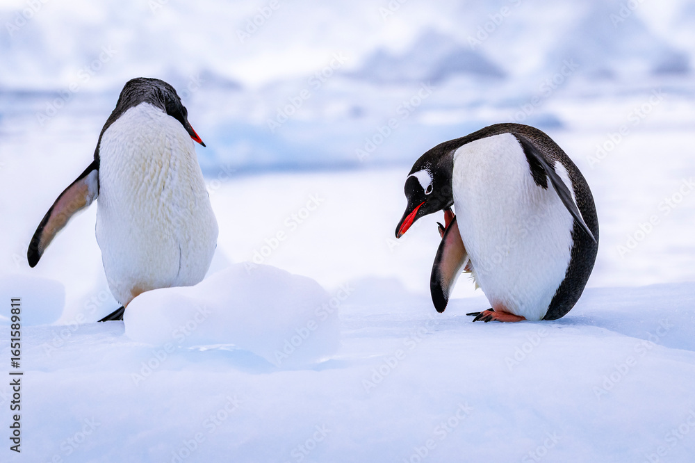Fototapeta premium Gentoo penguin behavior on Iceberg in Antarctica