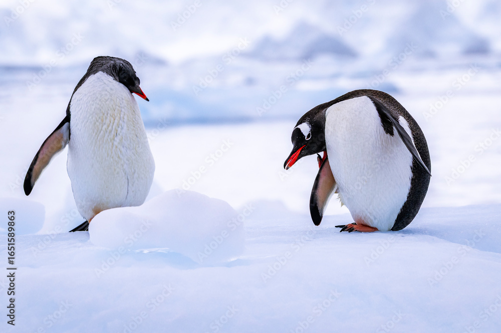 Fototapeta premium Gentoo penguin behavior on Iceberg in Antarctica