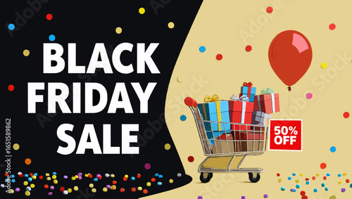 Black Friday sale banner with a shopping cart full of gifts and a balloon