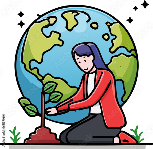 A vector illustration of a person planting a small tree from a globe. They are wearing a ca (1)