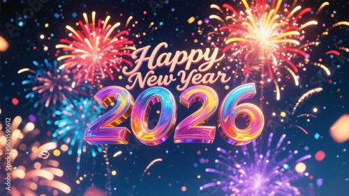 An illustration of a vibrant New Year's celebration with the phrase Happy New Year in elegant cursive script. Happy New Year, Happy New Year 2026, Merry Christmas And Happy New Year