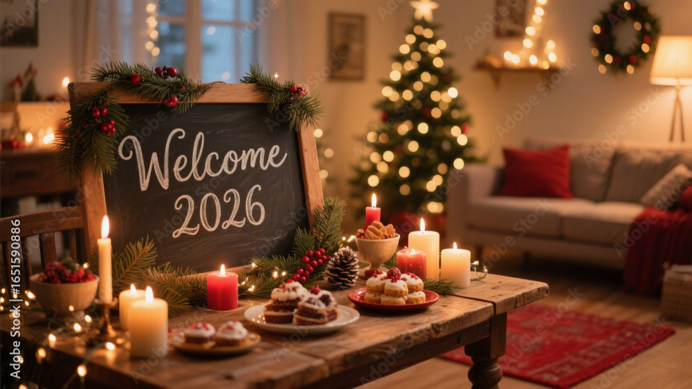 Naklejka premium A chalkboard sign reads 'Welcome 2026' in elegant cursive lettering, surrounded by pine branches, berries, and twinkling lights. Happy New Year, Happy New Year 2026, Merry Christmas And Happy New Year