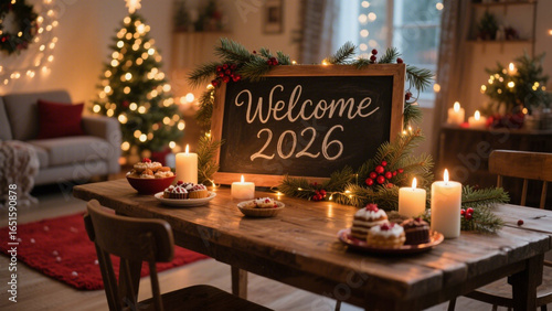 A chalkboard sign reads 'Welcome 2026' in elegant cursive lettering, surrounded by pine branches, berries, and twinkling lights. Happy New Year, Happy New Year 2026, Merry Christmas And Happy New Year