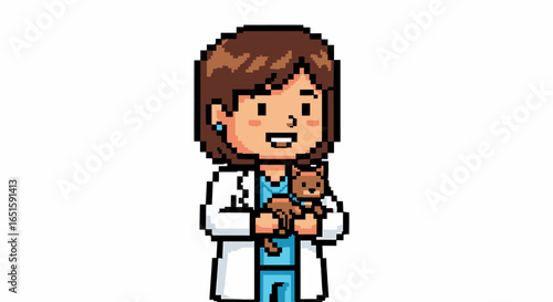 Pixel Art Veterinarian Holding a Cute Cat for a Checkup