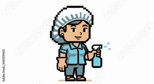 Pixel Art Cleaning Lady with Spray Bottle Illustration in Blue Uniform