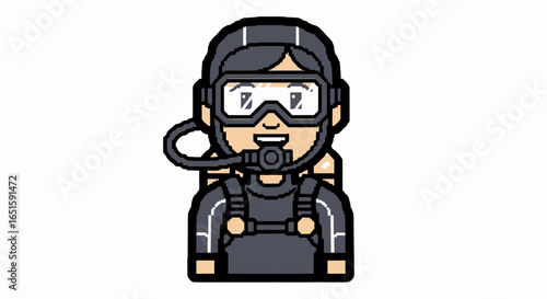 Cartoon illustration of a woman wearing a scuba diving suit on a white background, perfect for sports or adventure-themed designs