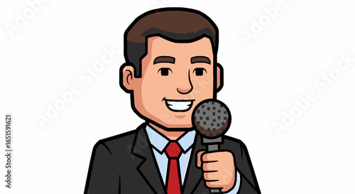 Cartoon Man Interviewing with Microphone Vector Image for Media and Communication