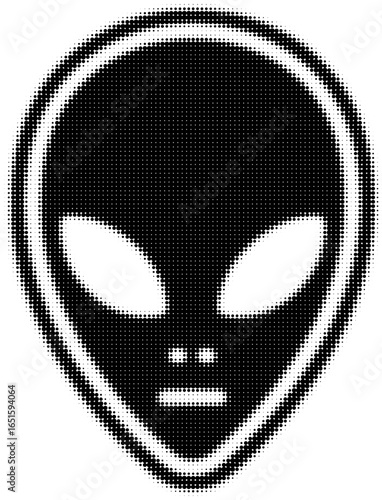 Black and white halftone pattern of an alien face icon in pixel art