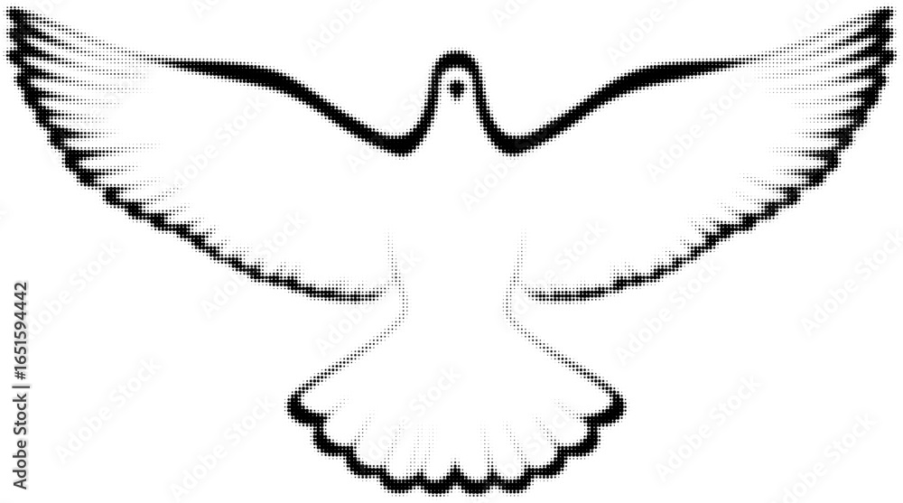 Fototapeta premium Silhouette of a dove with open wings in halftone black and white design