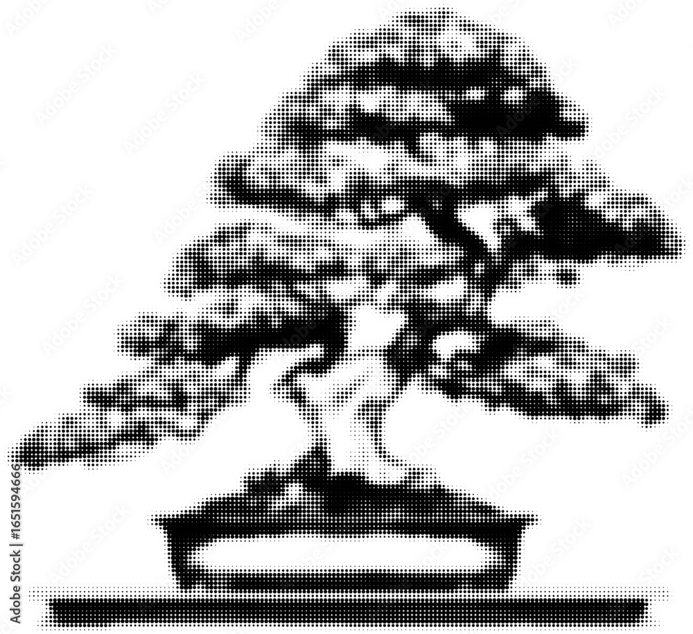 Obraz premium Black and white halftone bonsai tree in pot, decorative digital illustration