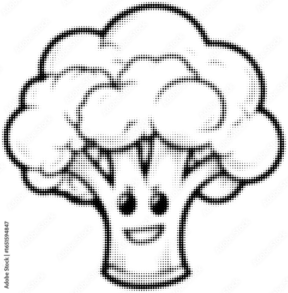 Fototapeta premium Smiling black and white cartoon broccoli character with pixelated texture