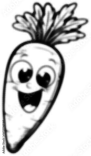 Smiling carrot with heart eyes in black and white pop art style