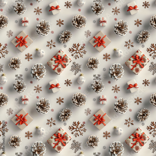 Festive pattern with pinecones, gift boxes, snowflakes, and ornaments on light background. Generative AI