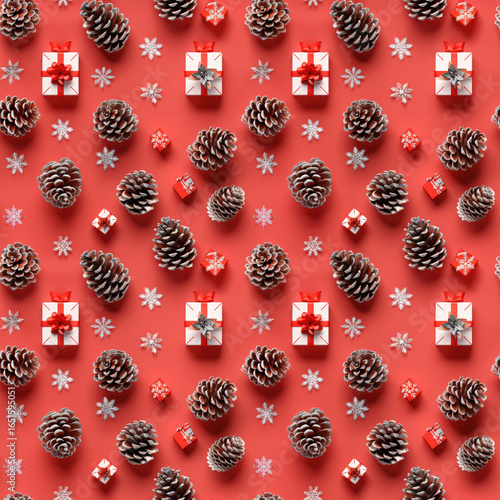 Festive pattern with pine cones, gift boxes, and snowflakes on red background, creating joyful holiday atmosphere. Generative AI