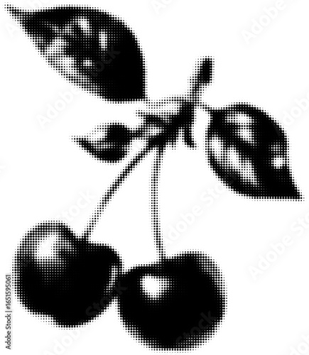 Black and white halftone cherries with leaves, digital art illustration