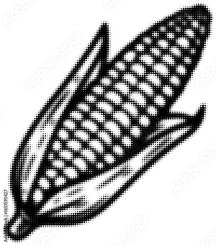 Black and white illustration of a corn cob in a halftone style