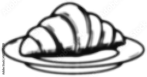 Halftone pattern of a croissant on a plate in black and white illustration