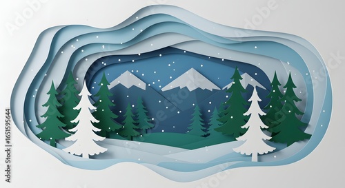 Layered paper art of a snowy mountain landscape with stylized trees and mountains under a snowy sky
