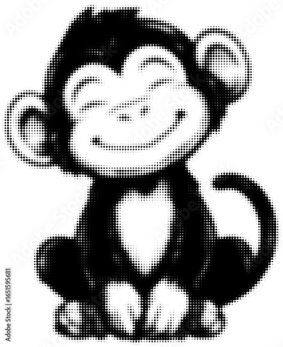 Smiling cartoon monkey illustration in black and white halftone style