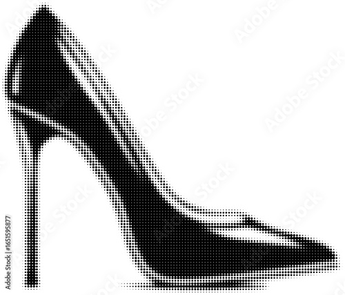 Monochrome halftone high heel silhouette in classic style, fashion illustration