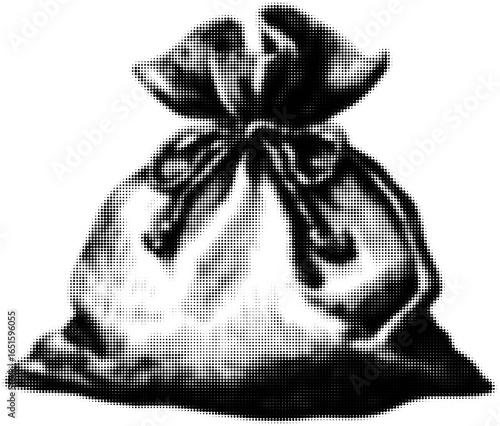 Black and white image of a tied burlap sack in halftone style, vintage design