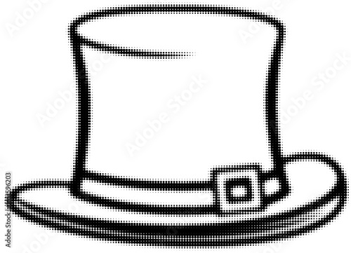 Black and white dotted illustration of a classic top hat with a buckle