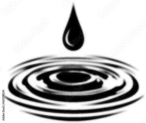 Illustration of a water drop creating ripples in a halftone monochrome style