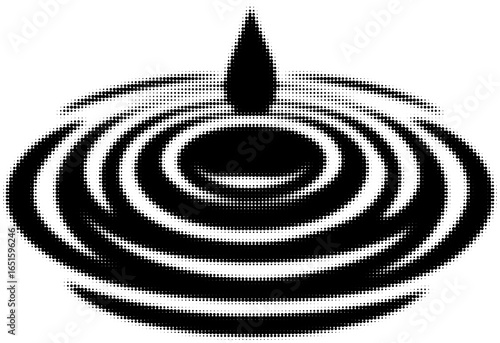 Black halftone drop of water causing ripples in a circular pattern