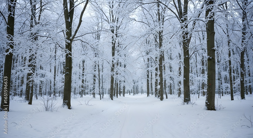 Fototapeta premium Snowcovered woods with tall trees lining a snowcovered path