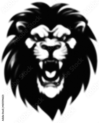 Black and white pixelated lion head design with fierce expression