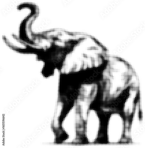 Elephant silhouette in halftone dot pattern, monochrome artistic design