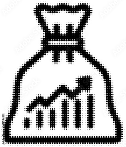 Icon of a money bag with upward trending graph in black and white, business concept