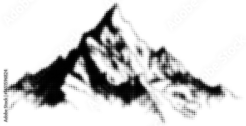 Black and white halftone image of a mountain peak with detailed shading