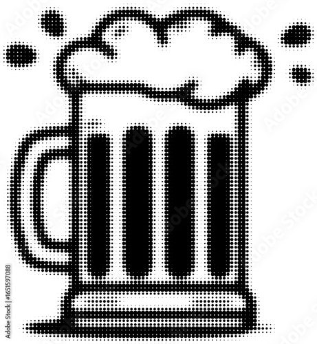 Black and white pixelated illustration of a beer mug with frothy foam