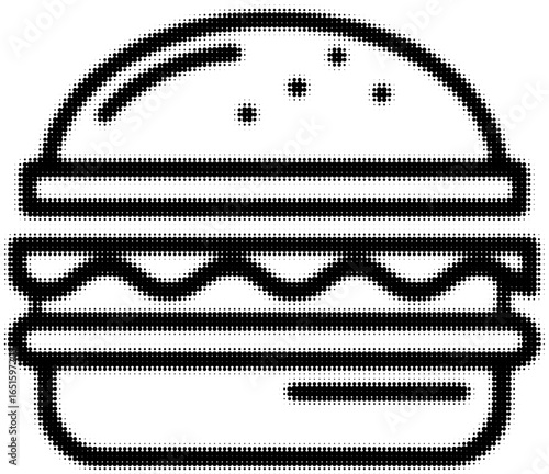 Black and white pixel art hamburger illustration, minimalistic design