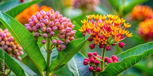 Aspen-like foliage with clusters of bright orange, pink, and purple flowers emerging from large green leaves on a tall milkweed plant , foliage, aspen milkweed