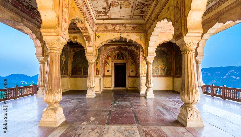 Fototapeta premium Ornate arched colonnade with mountain views.