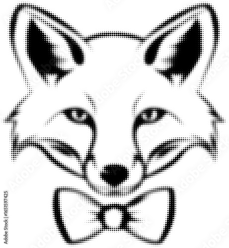 Stylized fox head with bowtie in halftone effect, black and white style