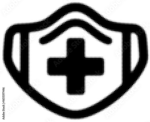 Black medical mask icon with a plus symbol in the center, concept of health care