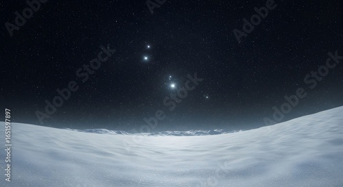 Snowy landscape under a starry sky three prominent star clusters visible