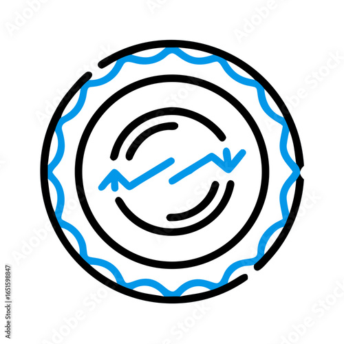 Minimalist blue line art depicts fluctuating graph in circular frame against a black backdrop