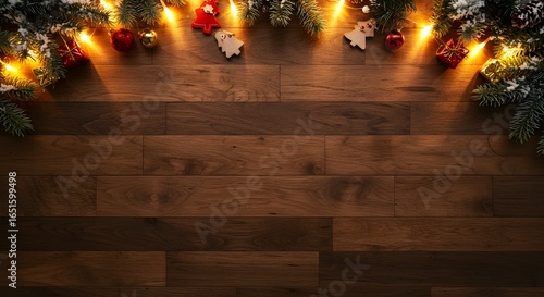 Wood floor Christmas decoration pine branches lights ornaments festive setup