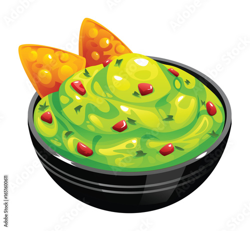A bowl of guacamole with tortilla chips, a delicious traditional Mexican avocado dip and snack. Vector cartoon illustration