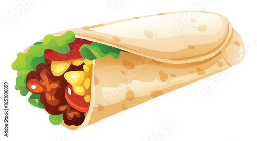 Delicious burrito filled with meat, rice, beans, and fresh lettuce in a tortilla wrap. Vector cartoon illustration
