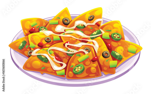 Delicious nachos with melted cheese, jalapeños, olives, and tomato on a plate. Vector cartoon illustration