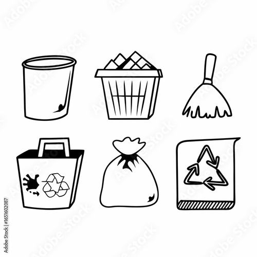 Illustration of waste management icons, including a trash bin, bucket, broom, bag, and recycle symbol isolated on white background